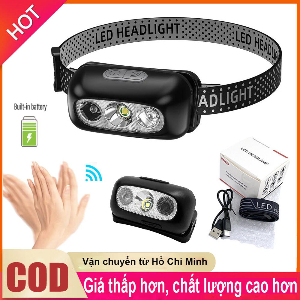  Đèn pin đội đầu siêu sáng cảm ứng bằng tay 1 bóng LED không thấm nước dẫn cắm trại đèn pha 