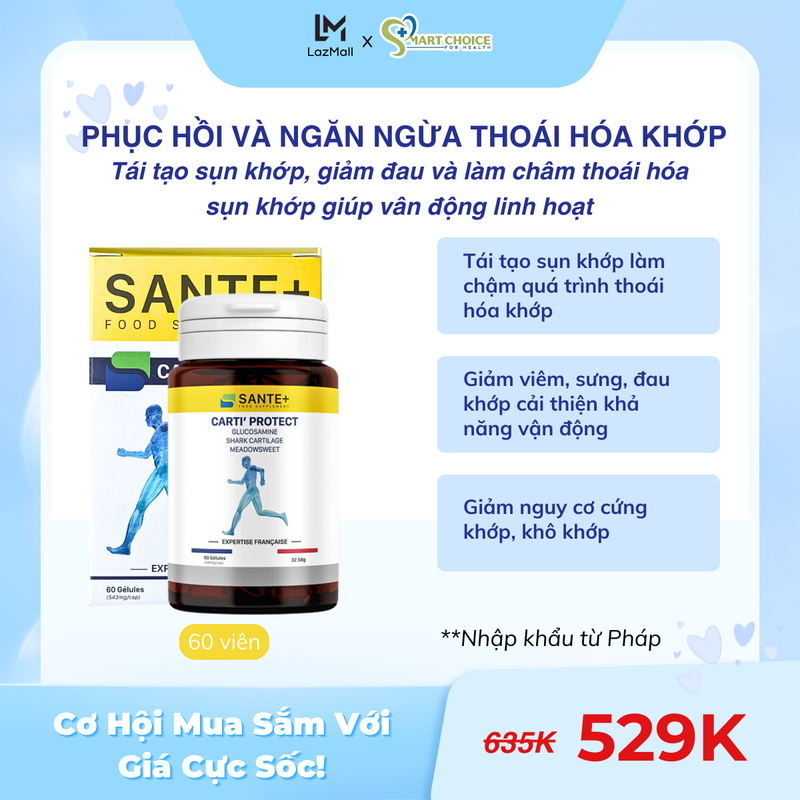 Viên uống phục hồi và ngăn ngừa thoái hóa khớp Sante+ Carti' Protect lọ 60 viên tái tạo sụn khớp, giảm đau và làm chậm thoái hóa khớp - Smart Choice For Health