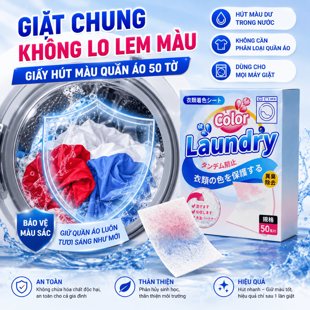 Giấy hút màu quần áo cao cấp công nghệ Nhật Bản Color Laundry 50 tơ` chống phai màu khi giặt quần áo màu