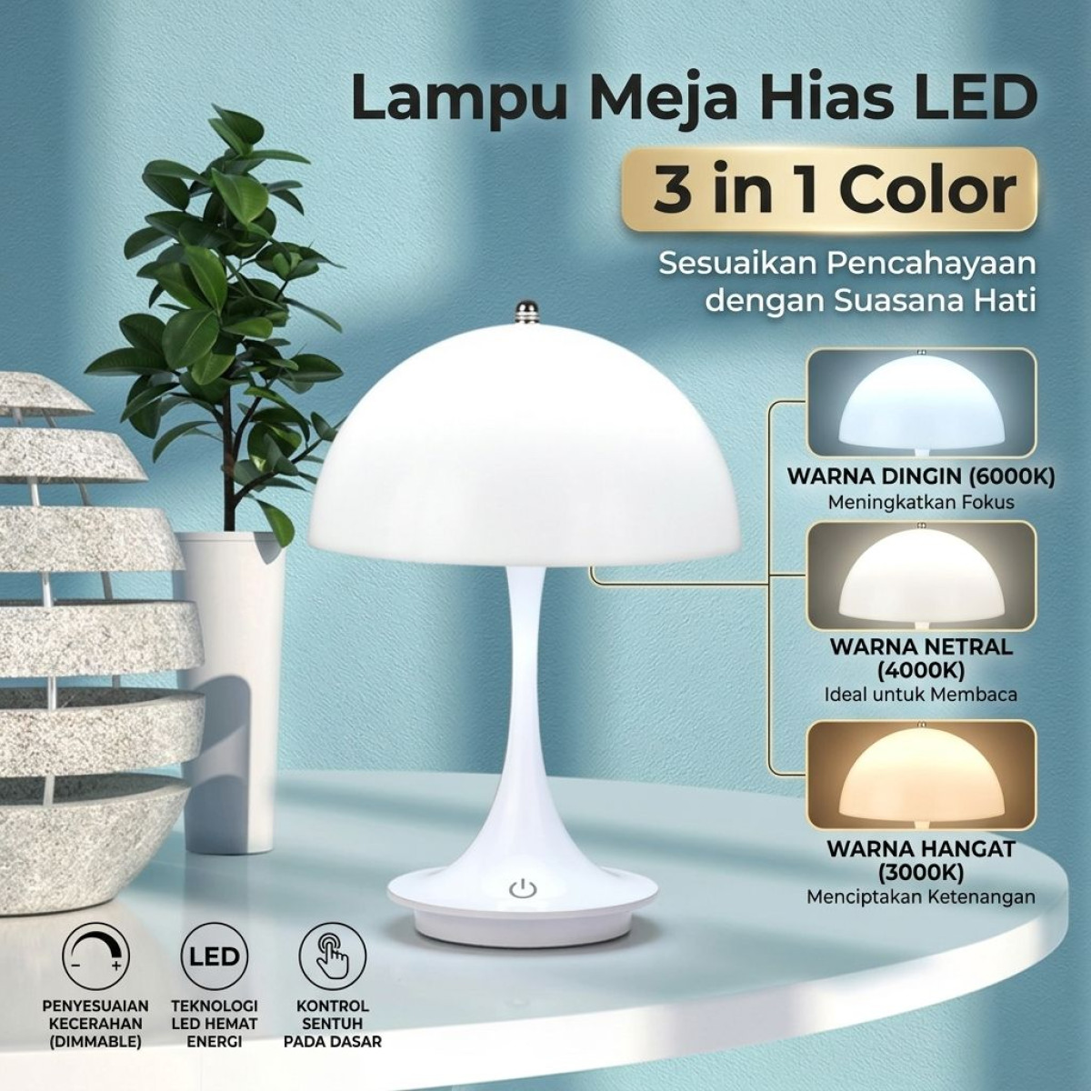 Lampu Meja Hias LED Nordic Mushroom 3 in 1 Color 1200 mAh - HA-226