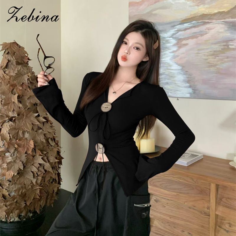Zebina Elegant Lace Trim Knit Top with Drawstring V-Neck Design ราคา 213 บาท*ส่งฟรี