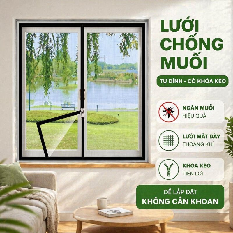 Rèm cửa sổ lưới chống muỗi tự dính khóa kéo lưới dày dễ lắp đặt dùng cho gia đình