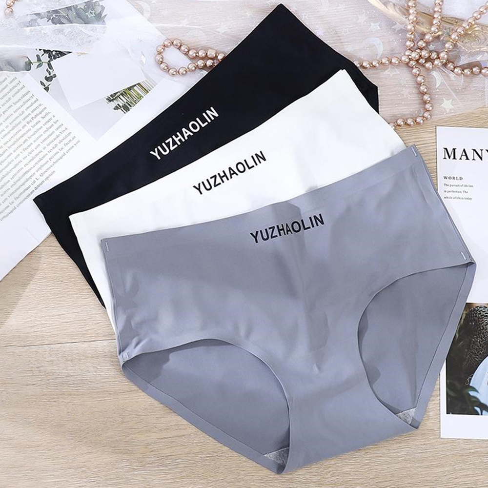 Ice Silk Seamless Anti Curl Panties for Women, Letter Printed Solid Color Simple Stylish Briefs, Summer Cool Breathable Comforatble Underpants