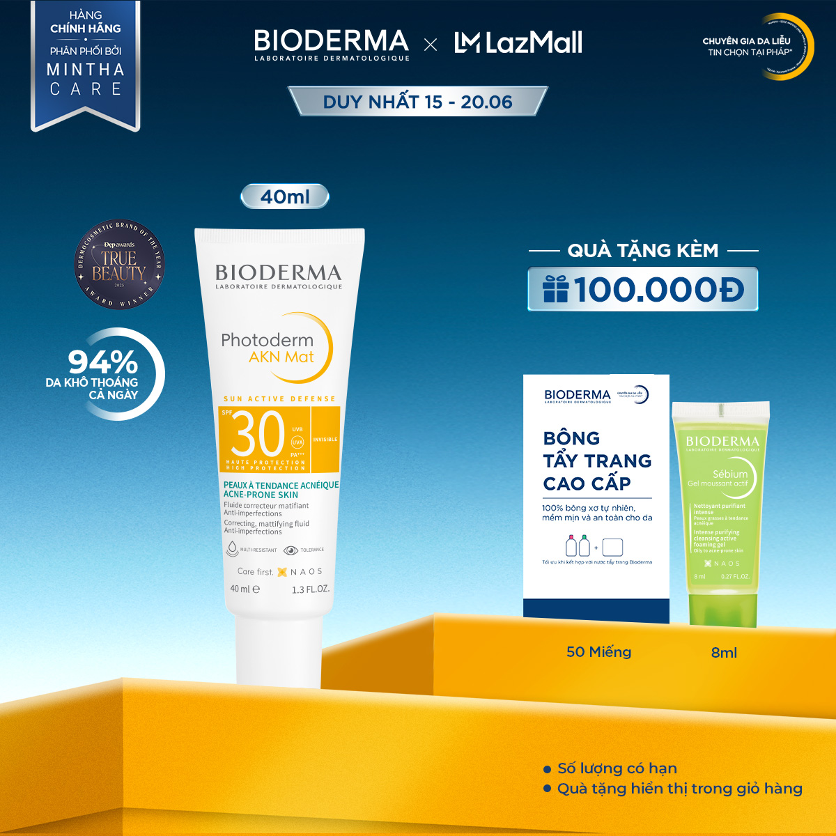 Kem chống nắng dành cho da hỗn hợp, da dầu và da mụn Bioderma Photoderm AKN Mat SPF30 - 40ml