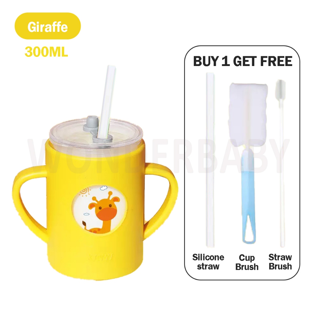 Wonderbaby👼 Baby Silicone Cover Glass Drinking Cup Milk Mug | Kids Training Learning Cup Straw | Cawan Air Kanak-Kanak