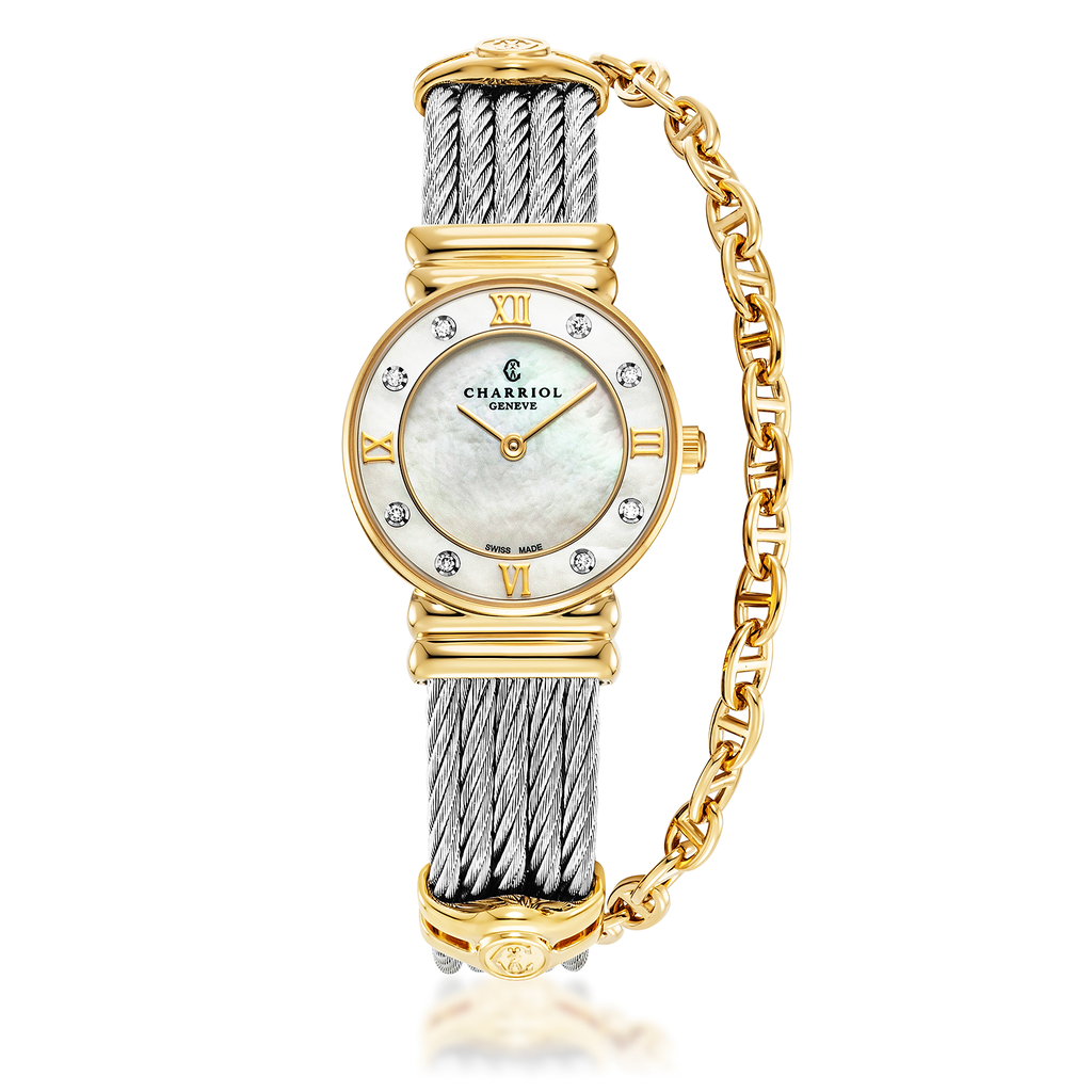 CHARRIOL นาฬิกาข้อมือผู้หญิง 028YD1.540.552 รุ่น ST-TROPEZ Steel Yellow GP 2N White MOP 4 Roman Index Set 8 White Diamonds ราคา 106,900 บาท*ส่งฟรี