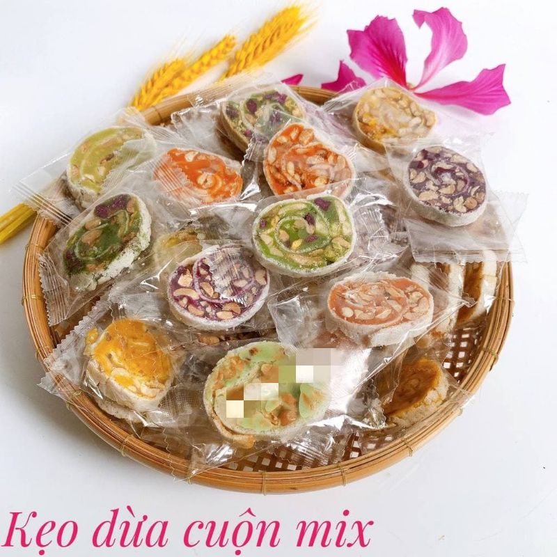 1kg kẹo dừa cuộn đậu phộng bánh tráng đủ vị - kẹo dừa non