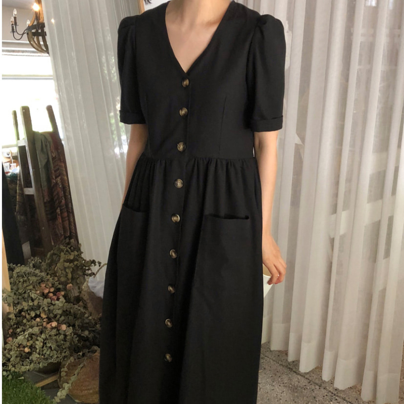 Hàn Quốc Chic Mẫu Mới Phong Cách Retro Khuy Một Hàng Đơn Giản Một Màu Dễ Phối Cổ Chữ V Chèn Túi Túi Quần Qua Đầu Gối Cotton Đầm