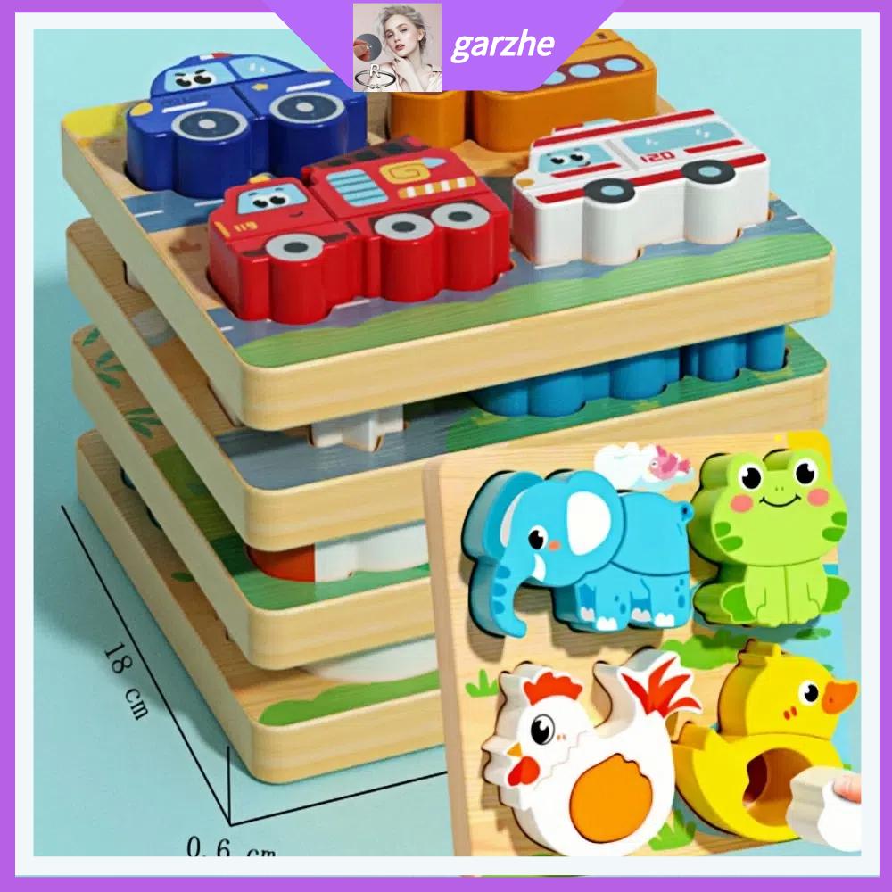 GARZHE24272 3D Câu đố gỗ Phim hoạt hình 4 trong 1 Bộ câu đố học tập sớm An toàn Câu đố ghép hình động vật Đồ chơi giáo dục cho trẻ em