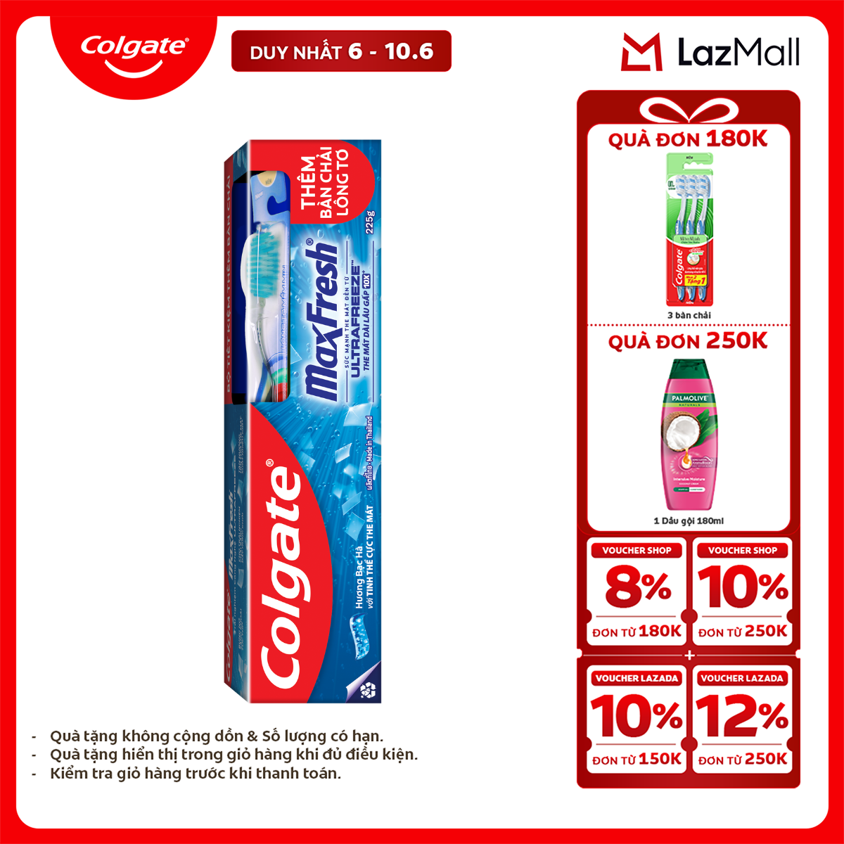 [Chỉ 6-10.6_X2 Voucher giảm 22%] Kem đánh răng Colgate MaxFresh ULTRAFREEZE the mát gấp 10X 225g /tuýp tặng bàn chải đánh răng lông mềm