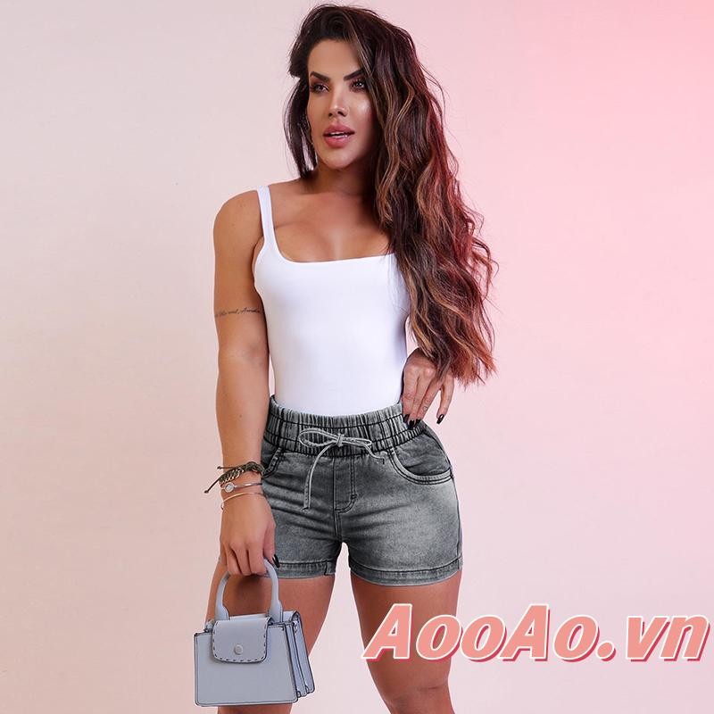 Women´s Solid Color Tie-Up High Waist Retro Jeans Shorts
