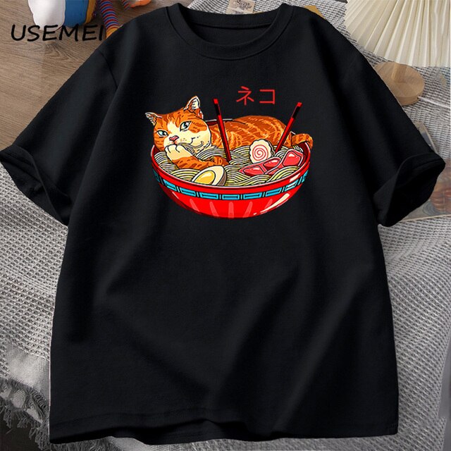 Men's Large T-shirt Neko Ramen Noodles T Men Funny Japan Cat Anime T Shirts Mens Aesthetic Cotton Cool Tshirt