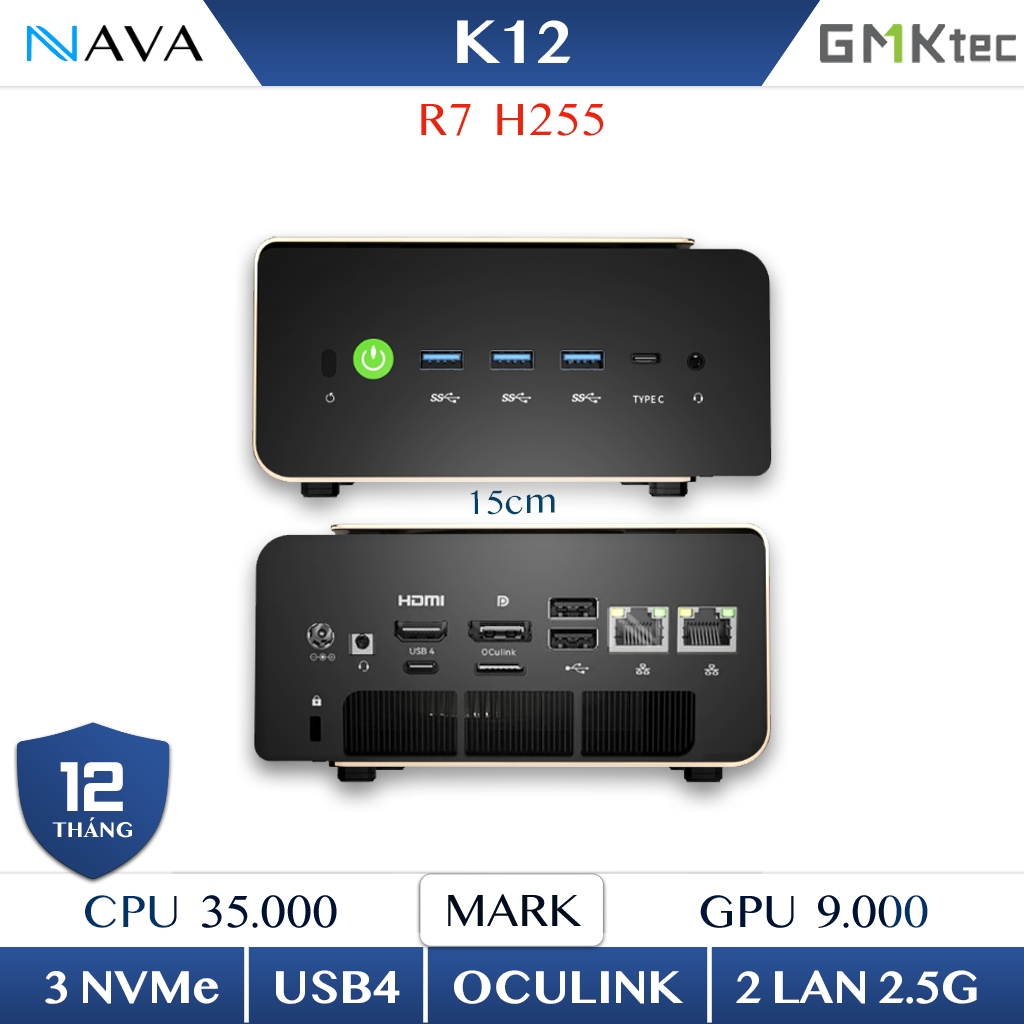 Mini PC GMKtec K12 Ryzen 7 H-255 – 8 nhân 16 luồng | GPU Radeon 780M | USB4 & OCuLink