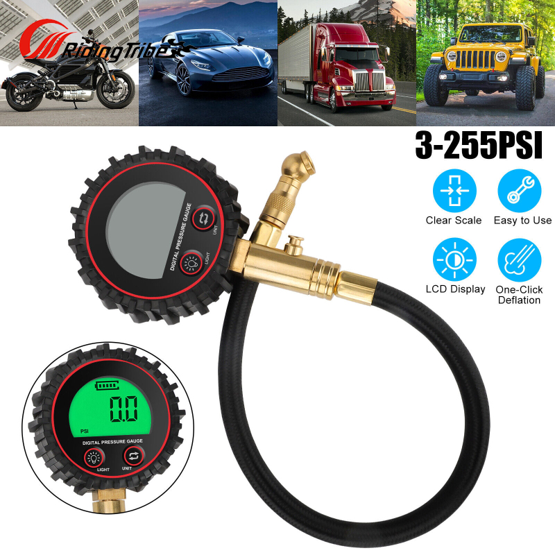 Riding Tribe kỹ thuật số Đồng hồ đo áp suất lốp 255psi chuyên nghiệp Độ chính xác màn hình LCD máy đo áp suất không khí cho xe tải xe ô tô rvs