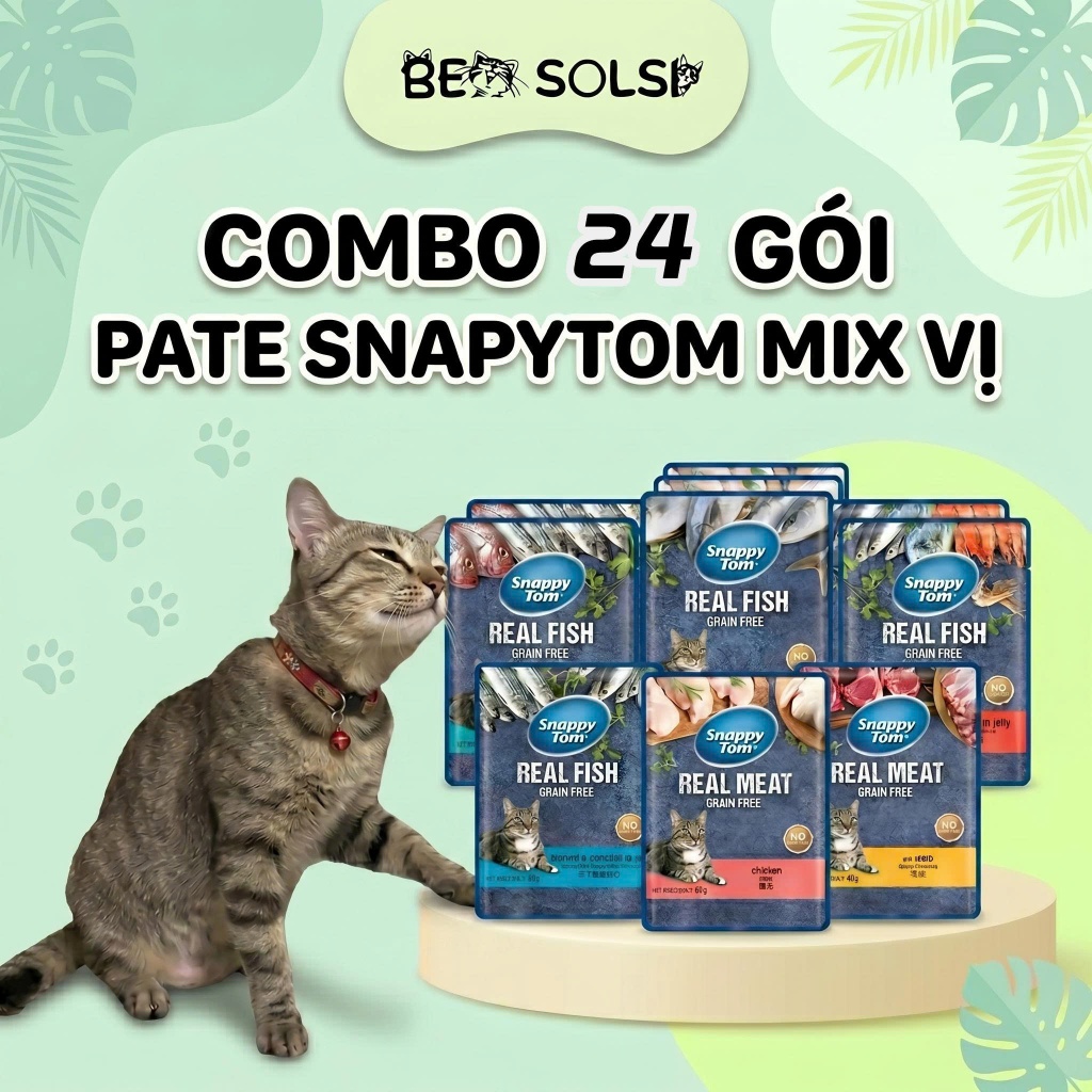 (Combo 24 gói)Pate Snappy Tom Gói 85g Dòng Real Fish– Giàu Protein, Tốt Cho Da Lông Mèo