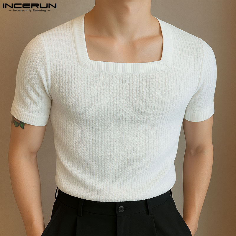 Áo thun nam hiệu incerun thời trang mới Thể Thao Trơn Áo thun cổ vuông tay ngắn đơn giản cổ vuông