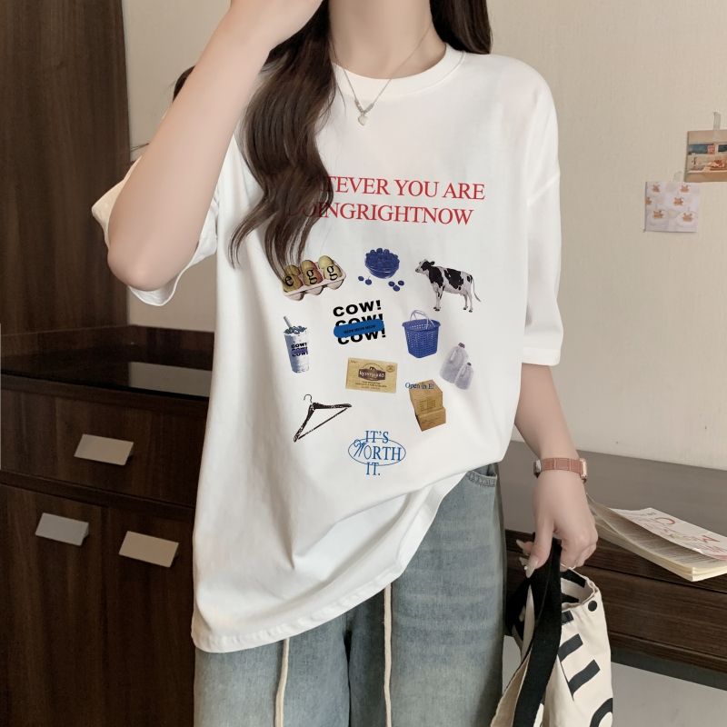 Duohanzi Áo thun nữ ngắn tay in hình con bò dễ thương