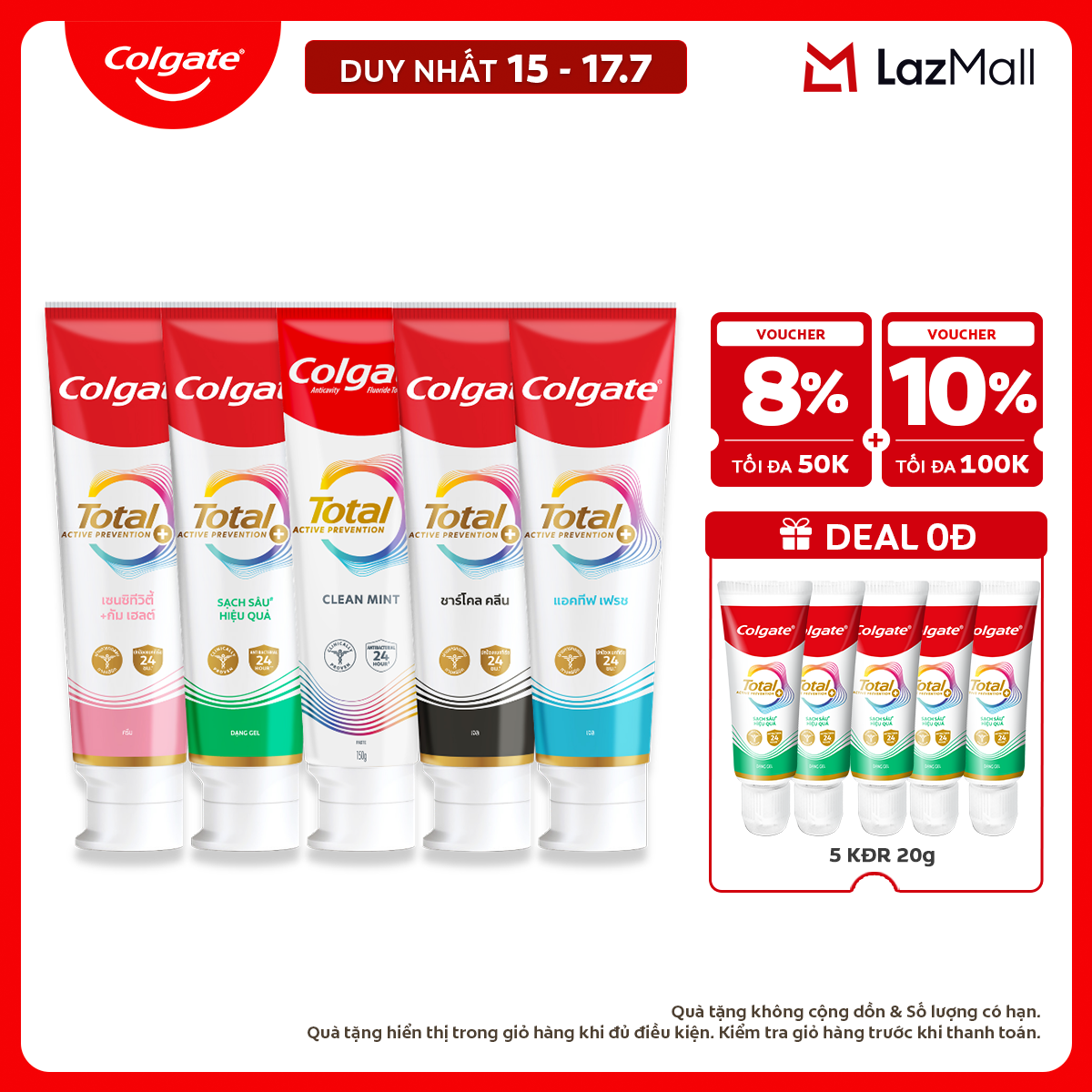 [Chỉ 15-17.7_X2 Voucher giảm đến 18%] [MỚI] Bộ sưu tập Kem đánh răng Colgate Total sạch sâu bảo vệ, ngăn ngừa 8 vấn đề răng miệng 150g/ tuýp
