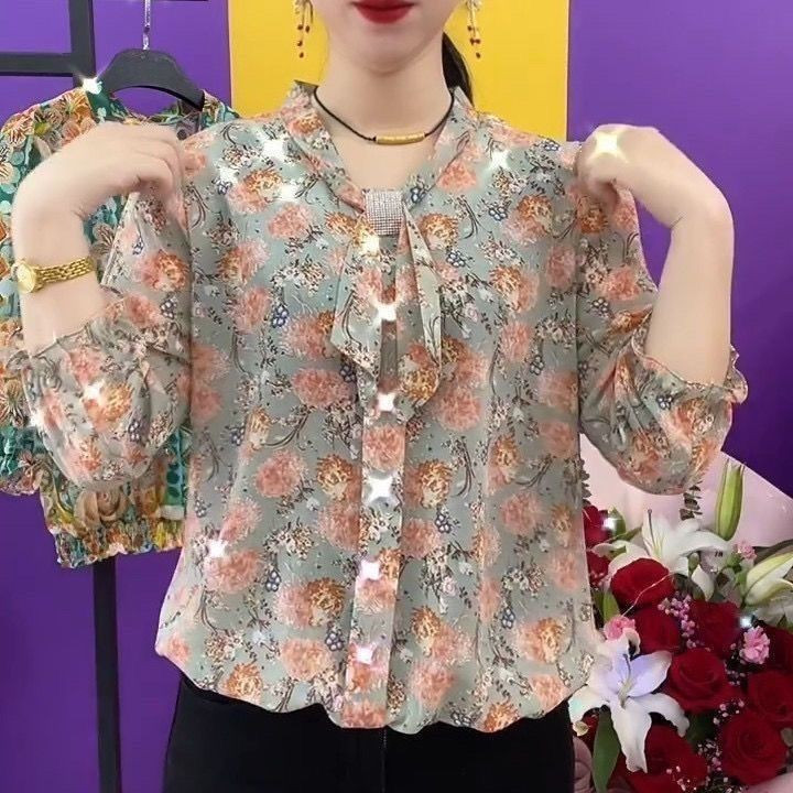 9 coloer 42-90kg New Women's Chiffon Shirt Fashion Small Shirt Fashionable Upper Grade Printed Button Loose Temperament Top for Women