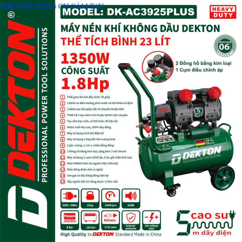 Máy Nén Khí Không Dầu Dekton DK-AC3925PLUS / 1.8HP / 1350W / Bình 23L - Lưu Lượng 175L/Phút THẾ GIỚI DỤNG CỤ CẦM TAY GIÁ SĨ