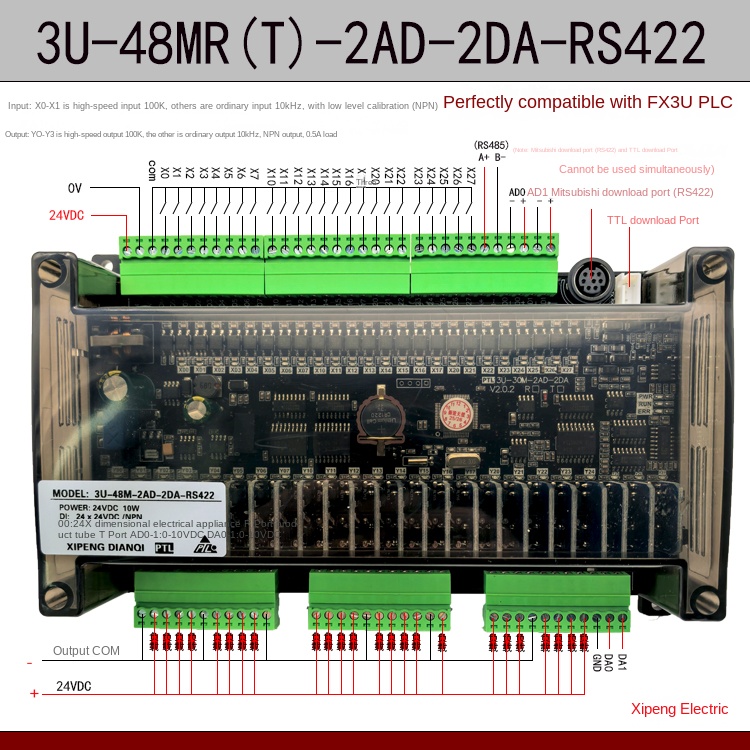 Board Mạch PLC Mitsubishi PTL FX3U 48MR-2ad2da-422 SP3U MRT-2AD/2DA RS485 10-48MR/MT tải chương trình RS422/TTL nguồn điện 24V GX-Works2