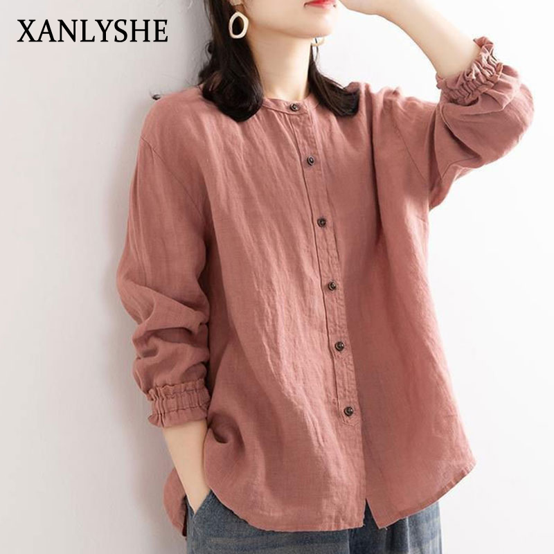 XANLYSHE เสื้อเชิ้ตผ้าฝ้ายและผ้าลินินสไตล์วินเทจสำหรับฤดูใบไม้ผลิและฤดูใบไม้ร่วงสำหรับผู้หญิงเสื้อโค้ทคอกลมทรงหลวมเสื้อโค้ทแบบลำลองเสื้อแขนเสื้อสำหรับผู้หญิง ราคา 144 บาท*ส่งฟรี