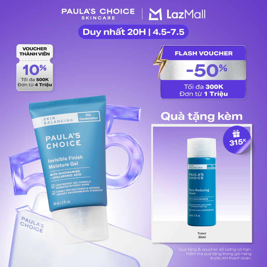 Kem dưỡng ẩm ban đêm dạng gel Kiểm soát tiết dầu cho da thoáng mịn Paula’s Choice Skin Balancing Invisible Finish Moisture Gel 60ml 3400