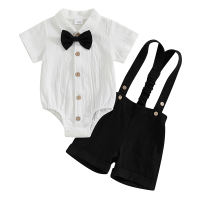 Thorn Tree Baby Boy Gentleman Outfit Solid Color Short Sleeve Lapel Neck Romper with Suspender Shorts and Bowtie 3 Pcs Set