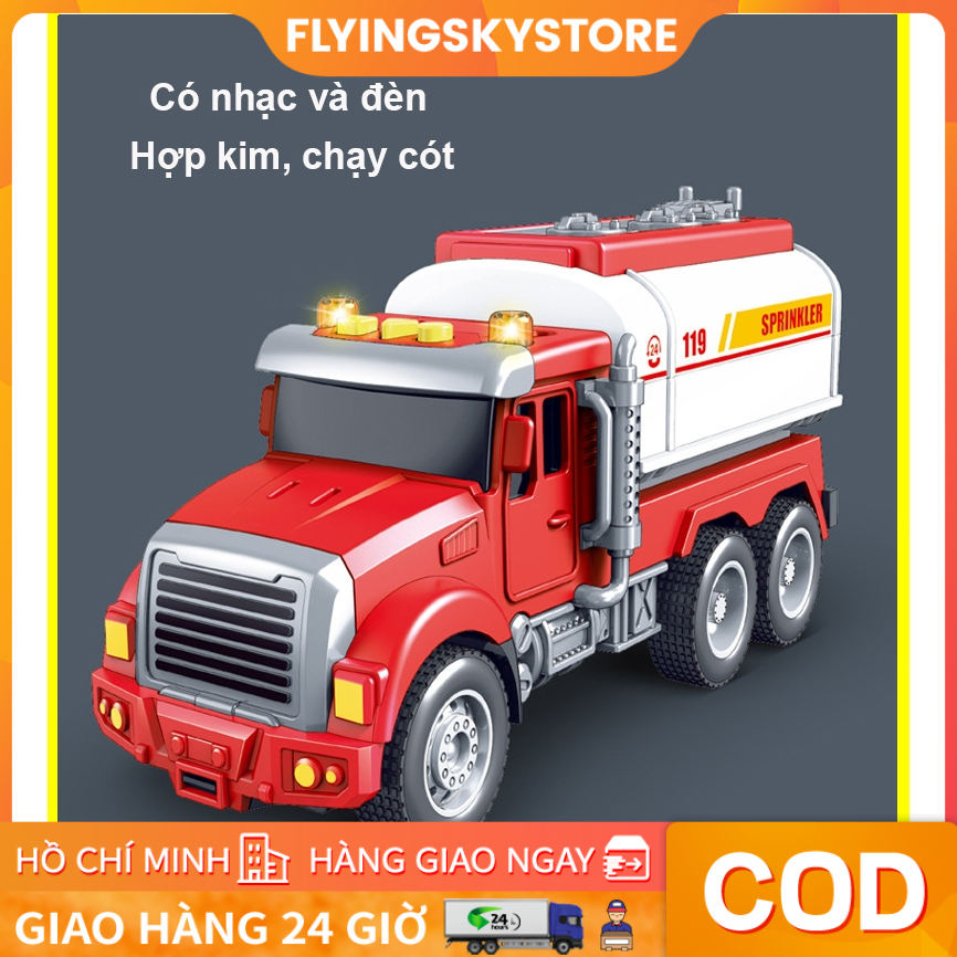 【HCM/24H】Đồ chơi mô hình xe cứu hỏa chở nước bằng hợp kim có nhạc và đèn, chạy cót, kích thước lớn