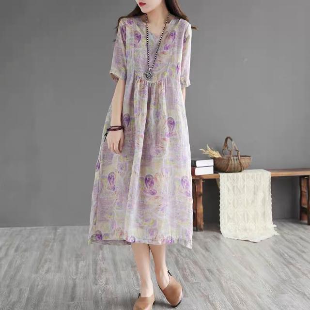 D75377# Pregnant Woman Clothes Maxi Dress Short Sleeve High Waist Womens Dresses Cotton And Linen Floral Summer Flower Printing Midi Dress Maternity