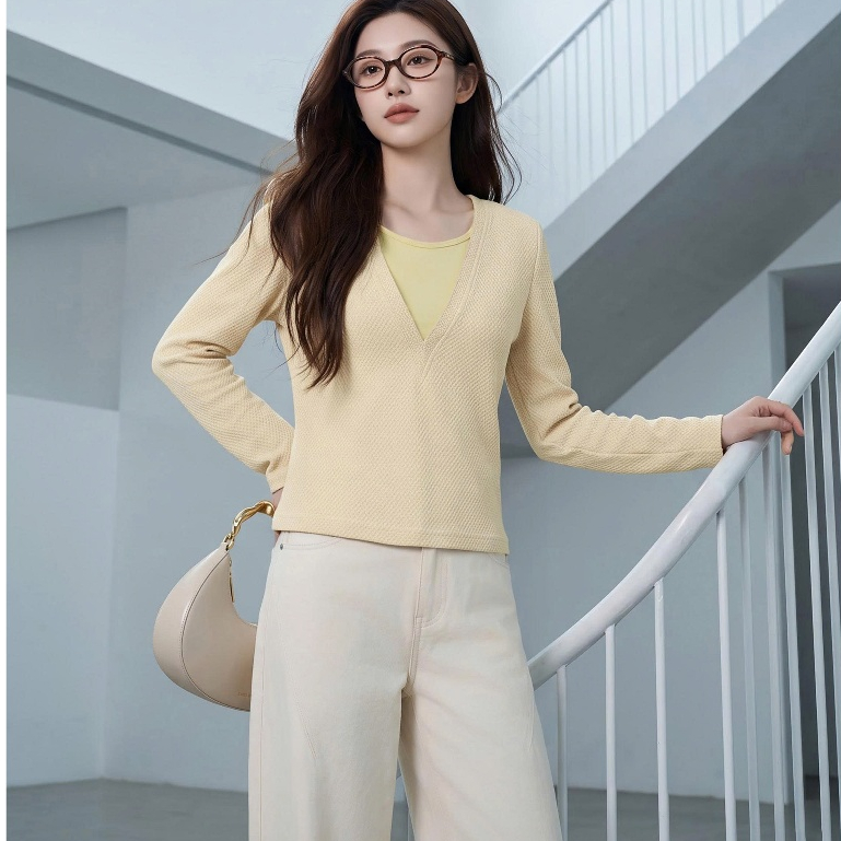 Áo thun nữ CARDINA chất liệu thun xốp dài tay cổ V sâu giả hai lớp 6AKD01