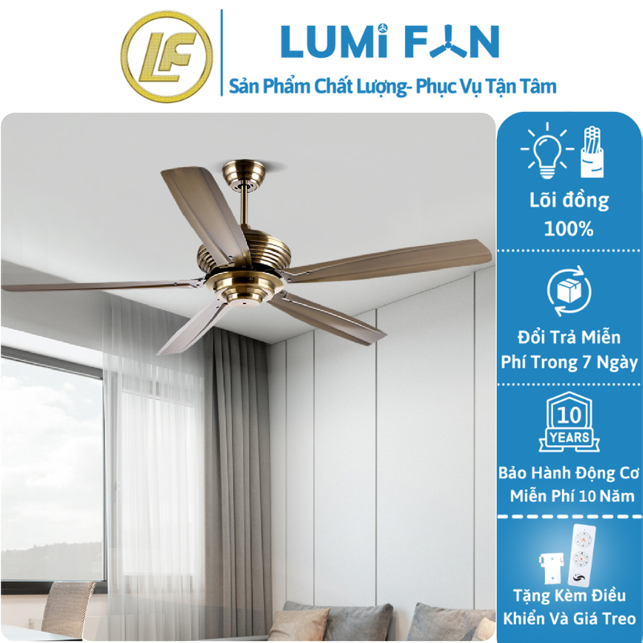 Quạt đèn trần trang trí lumifan, sải cánh 148cm, quạt trần đèn decor, quạt trần trang trí, bh 10 năm, mã t56-6470ta