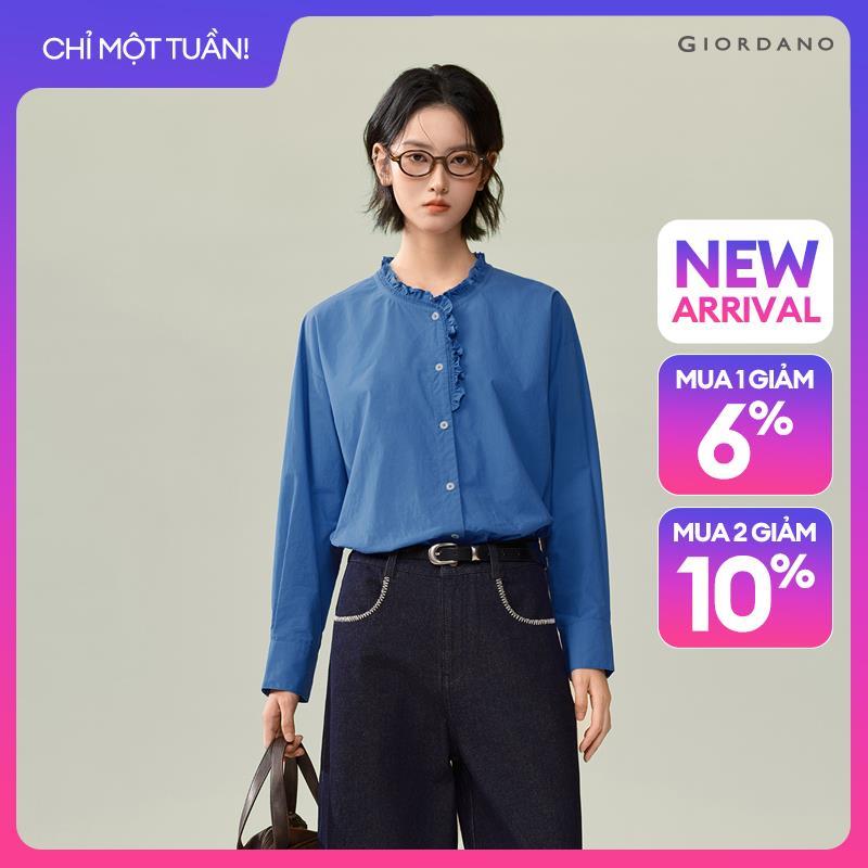 GIORDANO Women Shirts 100% Cotton Ruffle Mandarin Collar Shirts Long Sleeve Fashionable Casual Loose Shirts 18346619