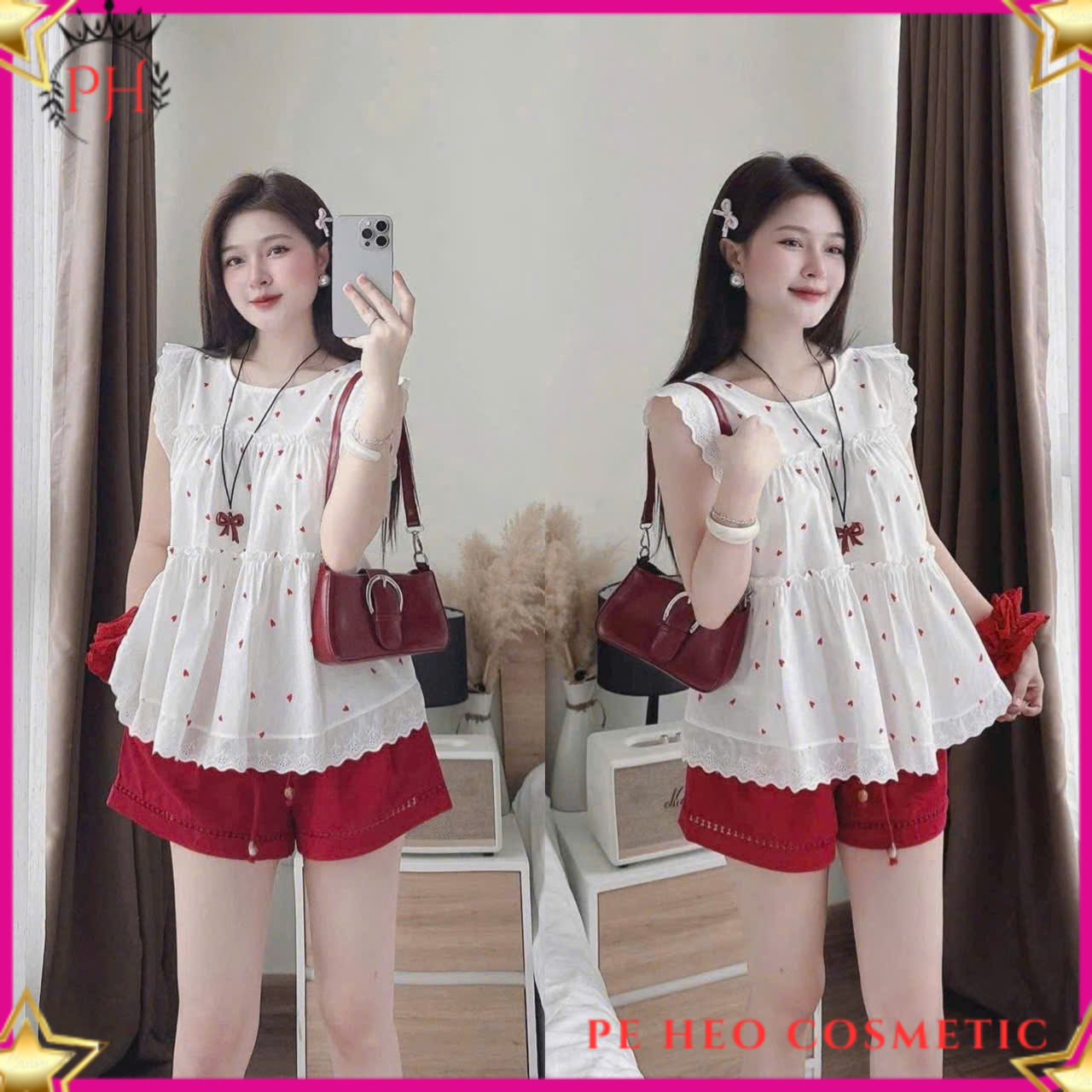   PH  Set Bộ Áo Kiểu Sát Nách Viền Ren Tùng Xòe Chấm Bi Viền Ren Lai Phối Quần Đùi Nữ Tính  Dễ thương  Đẹp gái 