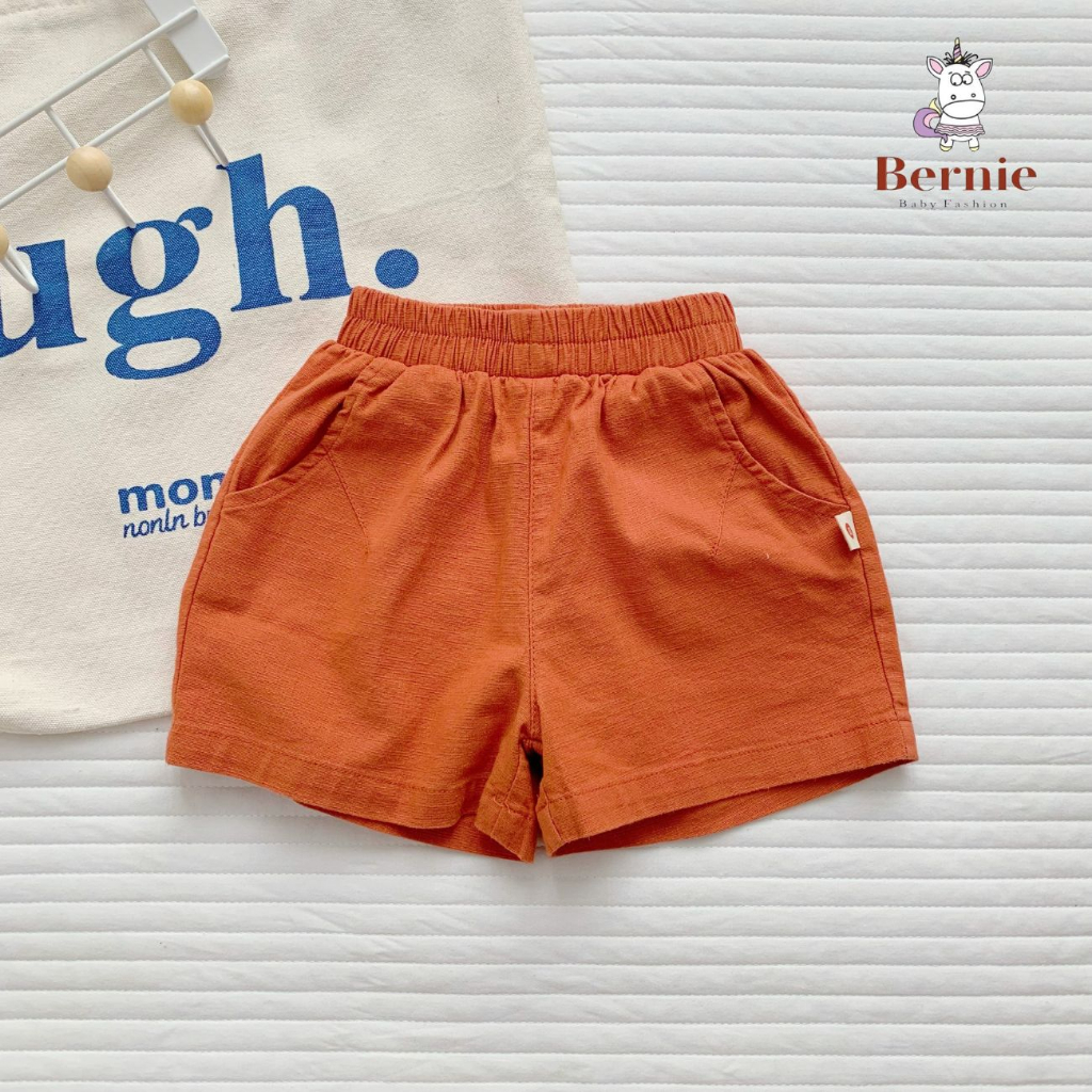 Đồ bộ áo phông in gấu cộc tay và quần sọt đùi kaki linen mềm cho bé trai bé gái BERNIE 1 đến 7 tuổi