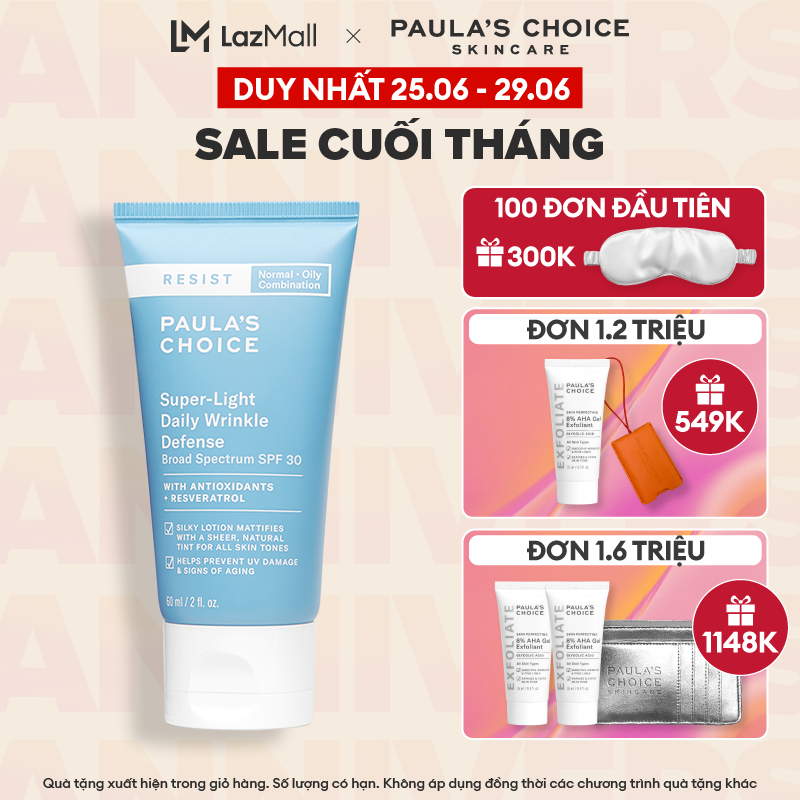 Kem chống nắng dưỡng ẩm đa năng siêu nhẹ không bết dính Paula’s Choice Resist Super Light Daily Wrinkle Defense SPF 30 7760