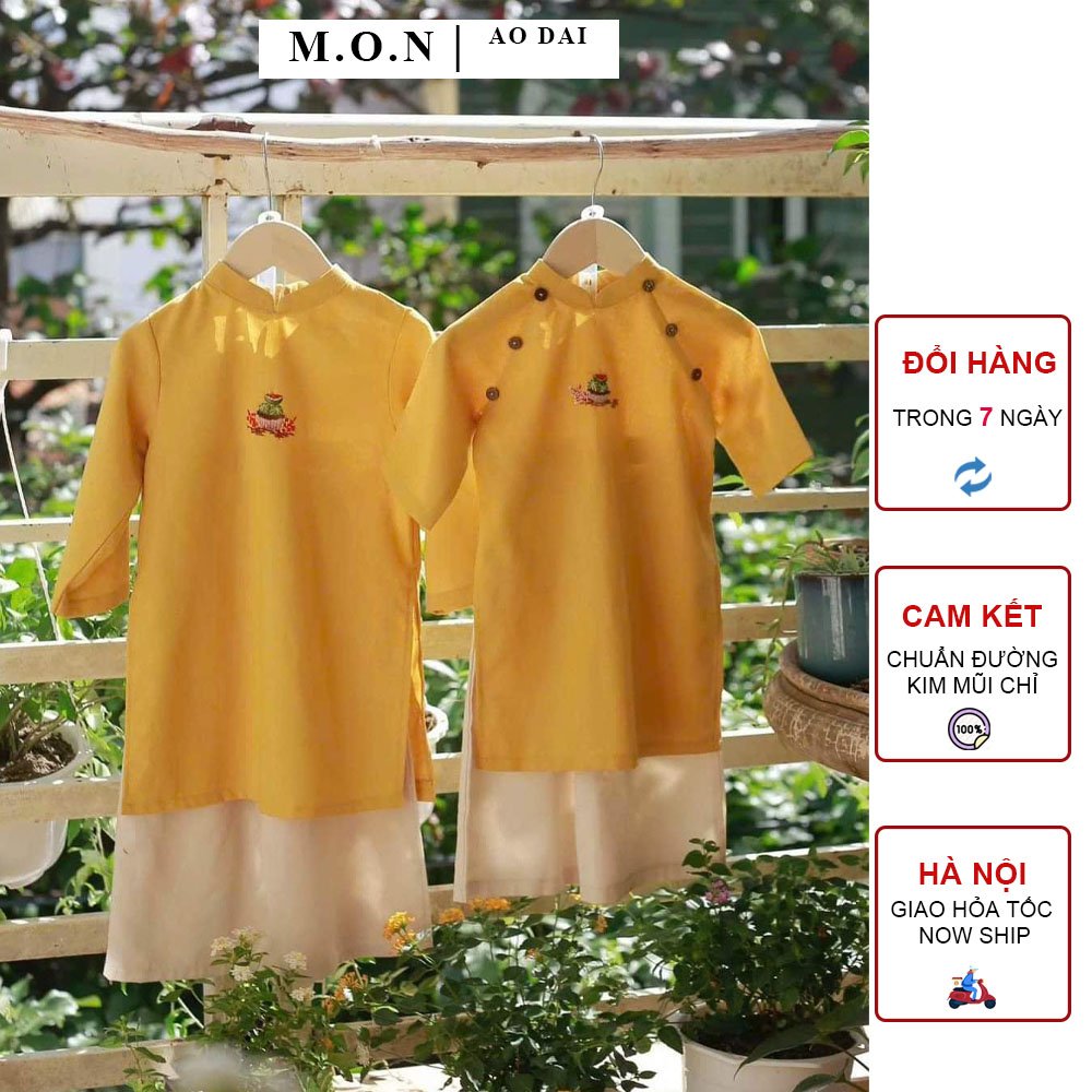 Set cặp đôi áo dài anh em chất liệu linen vàng