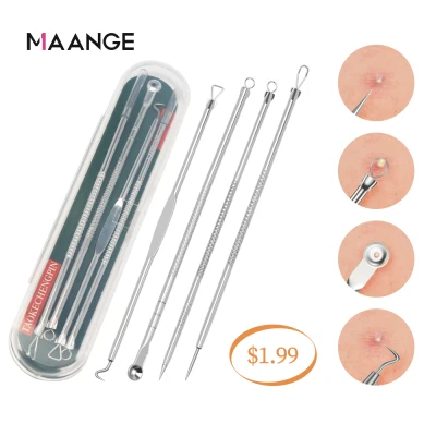 MAANGE 4Pc Blackhead Removal Kit Acne Blemish Pimple Extractor Remover Face Cleaning Stainless Steel Tool