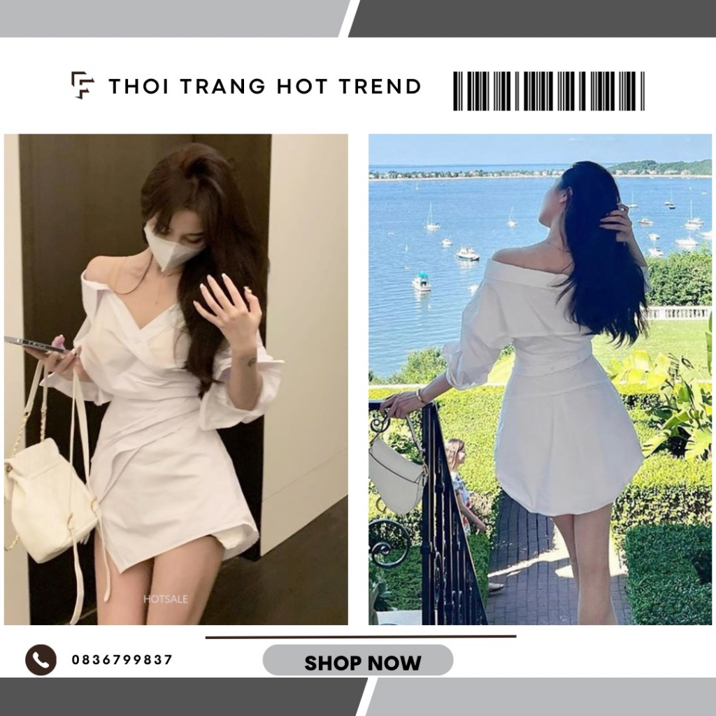 Đầm sơmi nữ dáng thắt eo cổ v trễ vai tôn dáng