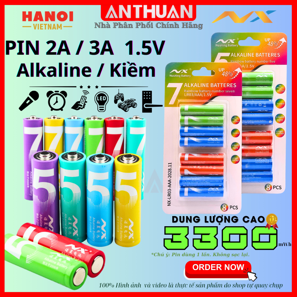 Vỉ 8viên Pin AA / AAA cầu vồng Xiaomi, 1.5V Alkaline Pin Tiểu / Đũa 2A / 3A CHẤT LƯỢNG CAO, SIÊU BỀN