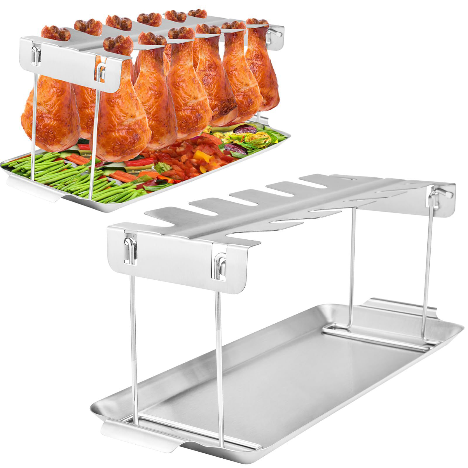 Zhutao Roast Chicken Leg Rack Chicken Wing Grilling Rack 12-slot Stainless Steel Chicken Leg Grill Rack with Drip Pan Bbq Kitchen Tool for Juicy Wings Legs Rust-proof Easy to Clean Indoor Outdoor Cooking