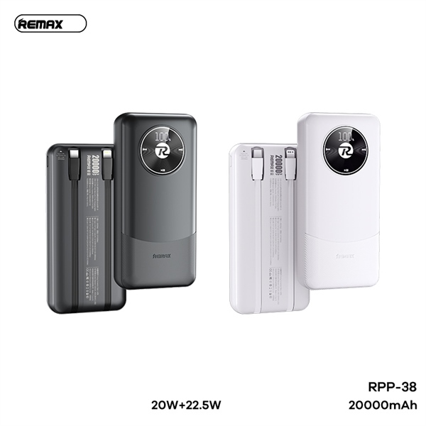 REMAX RPP-38 Pin sạc dự phòng 20000mAh QC3.0+PD 22.5W cáp tích hợp