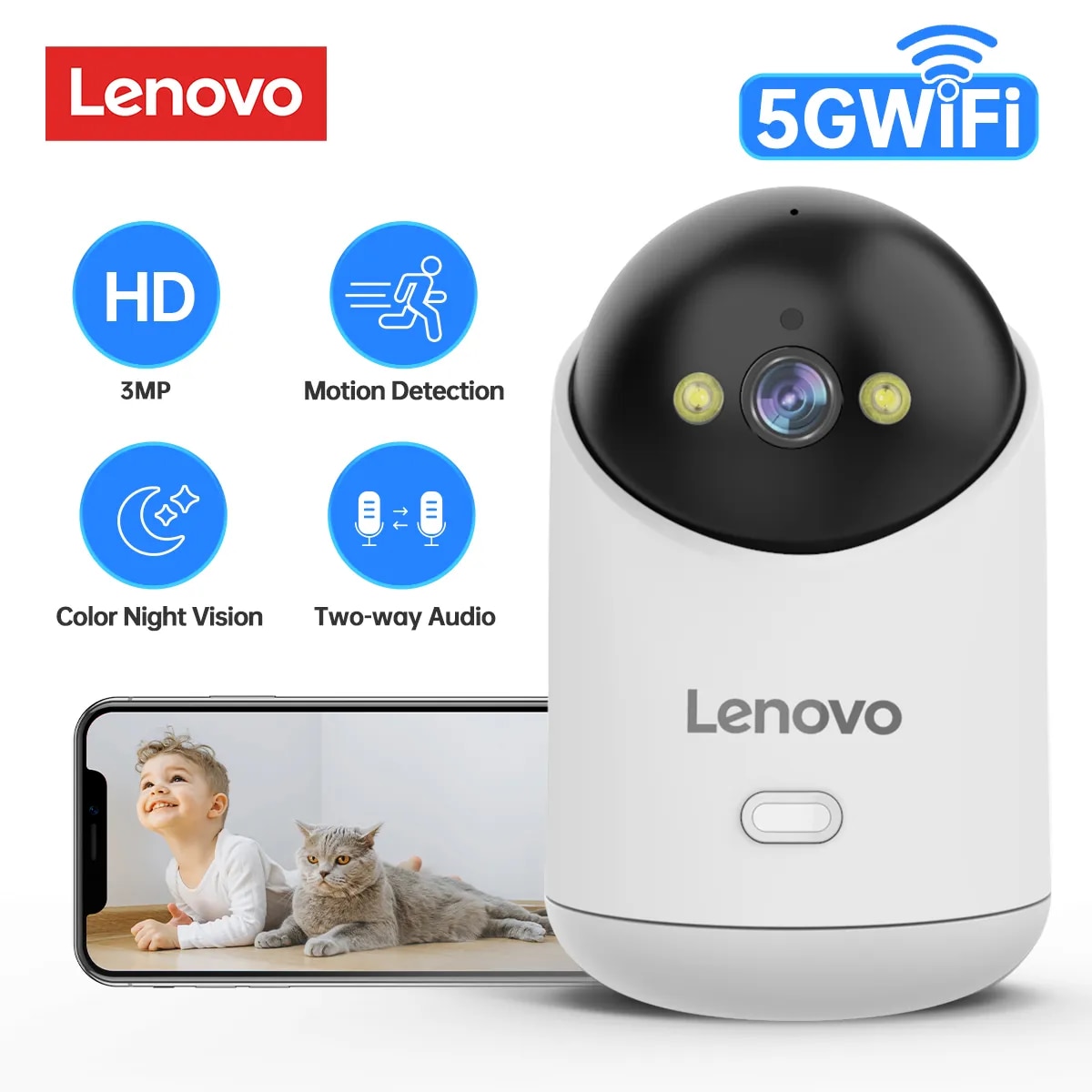 Lenovo 3MP nhà thông minh IP Camera Camera giám sát 2.4 5g Camera CCTV WIFI bé giám sát hành trình giám sát trong nhà An ninh nhà