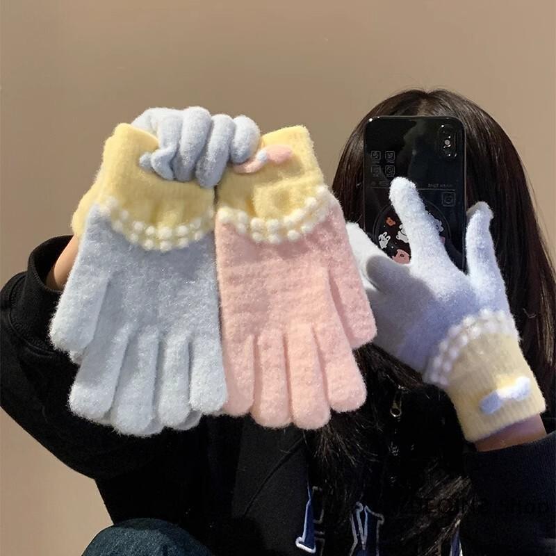 YUEQIN2 Shop 2025 dễ thương nơ dệt kim găng tay sang trọng mùa thu và mùa đông ấm áp năm ngón tay dễ thương găng tay mùa đông sinh viên