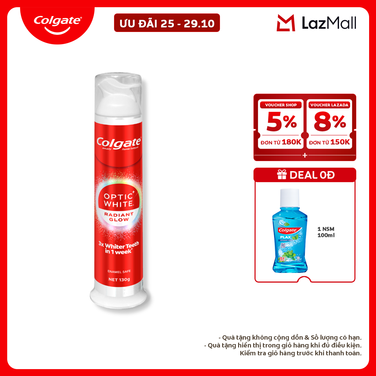 Kem đánh răng Colgate vòi nhấn thông minh Optic White Radiant Glow, trắng răng trong 7 ngày, khóa chân không hạn chế vi khuẩn 130g/ ống