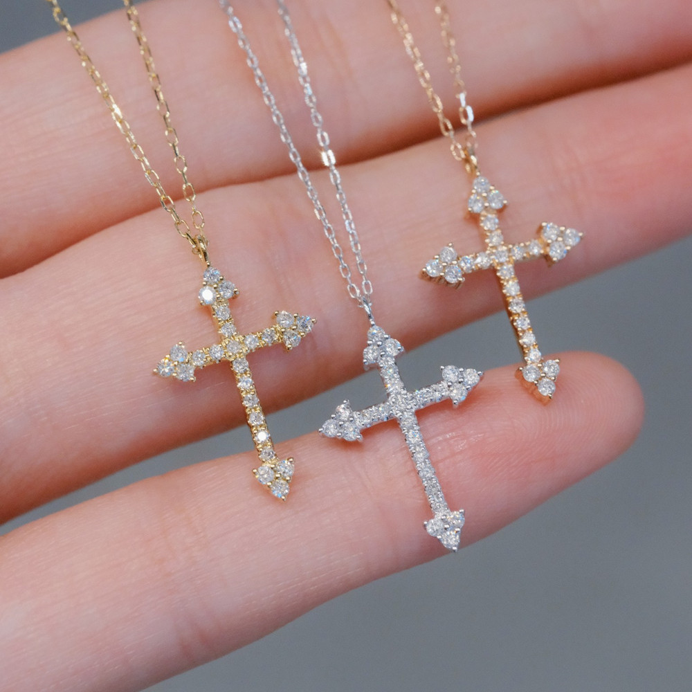 UBESTNICE Real 18K Solid Gold AU750 Jewelry Natural Full Diamonds Cross Shape Pendant Choker Necklaces Exquisite Feminine Design ราคา 23,742 บาท*ส่งฟรี