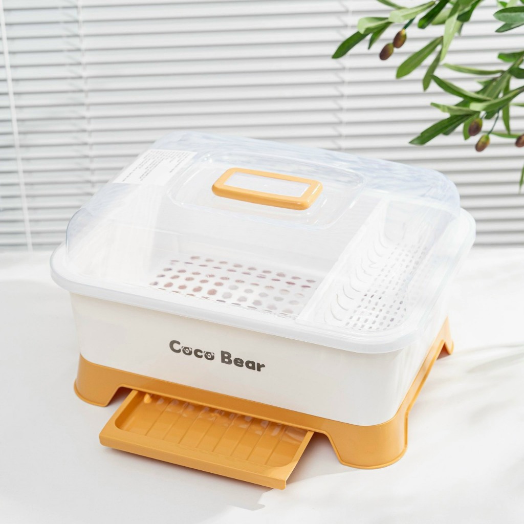 Khay úp chén bát ăn đồ dùng ăn dặm cocobear cho bé kệ úp chén bát có nắp đậy an toàn rổ úp chén bát có khay hứng nước