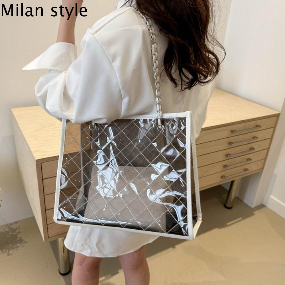MILAN สไตล์เกาหลีแบบ กระเป๋าสะพายไหล่โปร่งใส จุได้มาก ฤดูร้อนฤดูร้อนฤดูร้อน กระเป๋าคอมโพสิตกันน้ำ ลำลองแบบสบายๆ การจัดเก็บข้อมูล กระเป๋าชายหาดแบบพกพา เทศกาลสงกรานต์ ราคา 244 บาท*ส่งฟรี