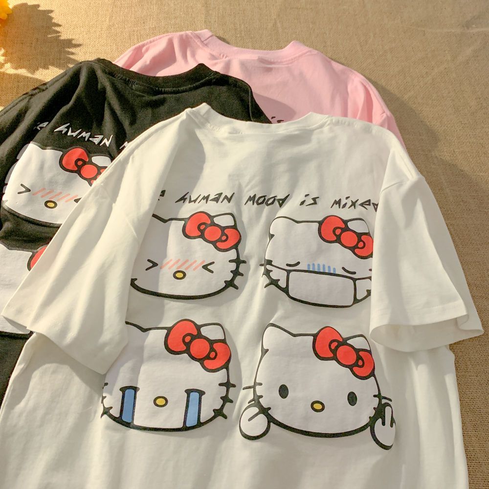 Kawaii Sanrio Hello Kitty T-shirt Cute Anime Cartoon Pure Cotton Short  Sleeve Sweat Uptake Comfortable Sports Top Holiday Gifts