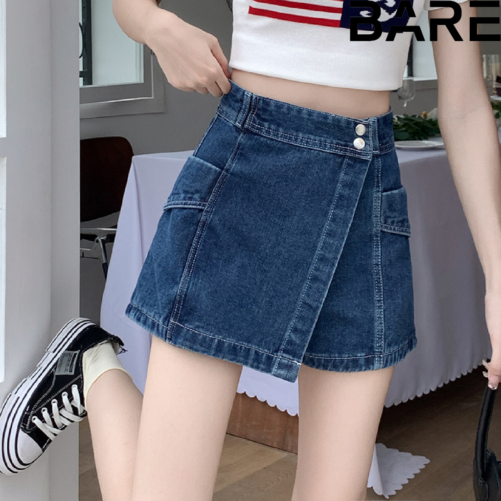 Quần short jean giả váy Demi, chân váy jean nữ lưng cao dành cho nữ thiết kế đắp chéo phối túi 2 bên cá tính - CV017
